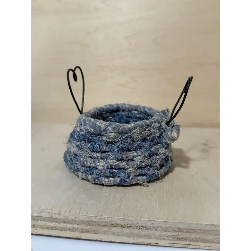 Tiny Woven Blue Basket Handmade For Trinkets